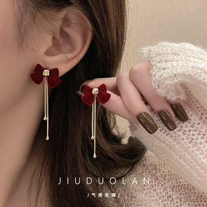 红色蝴蝶结珍珠流苏耳环女高级感长款新年喜庆耳钉显脸瘦过年耳饰
