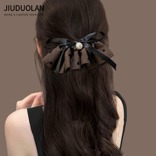 韩系波点蝴蝶结珍珠花边褶皱弹簧夹后脑勺半扎发头饰发夹女秋冬