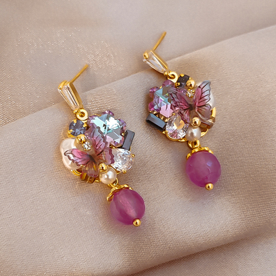 度假风紫色水晶蝴蝶流苏耳环