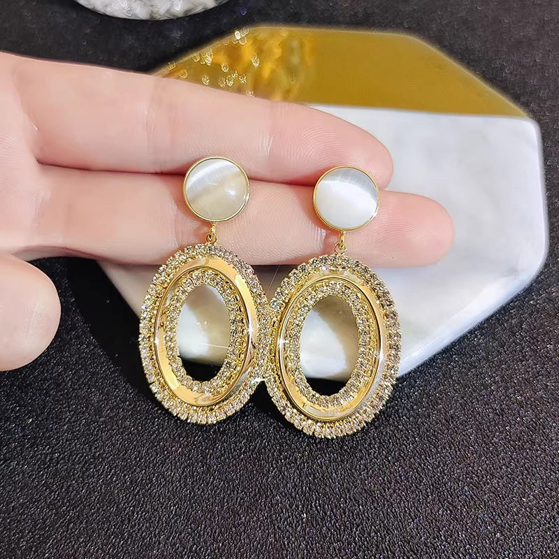 新款猫眼石微镶锆石环形吊坠耳钉女时尚轻奢高端甜美气质百搭耳环