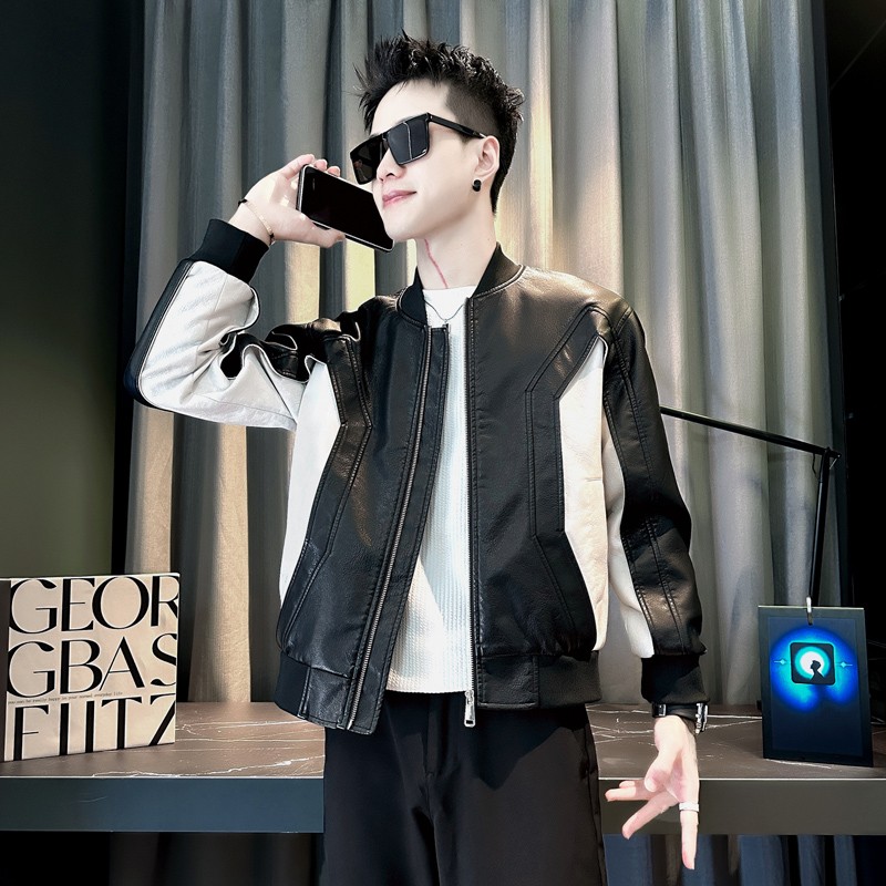 美式拼接撞色PU皮衣外套