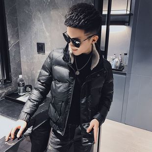 2025精神小伙皮棉衣男冬季加厚羽绒棉外套短款修身男pu皮棉衣外套