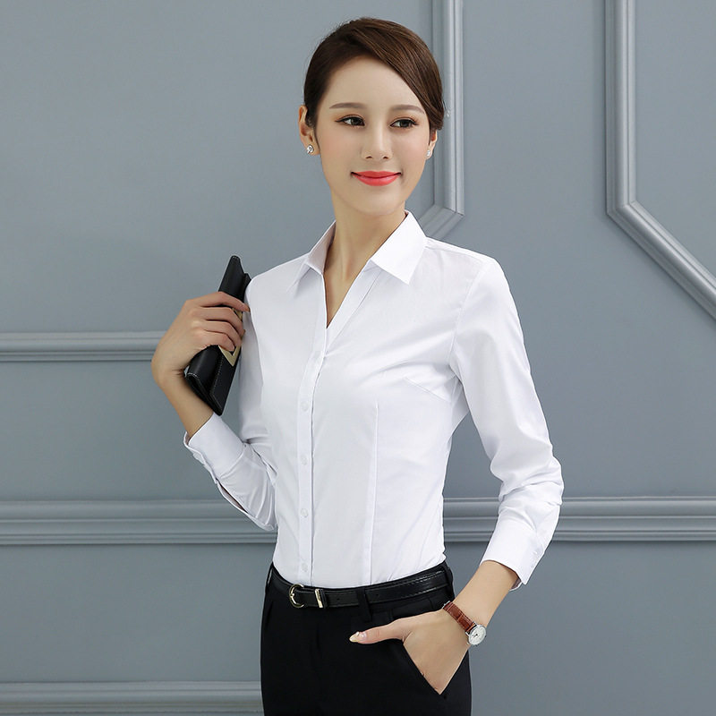 长袖V领衬衫女长袖职业纯白衬衫