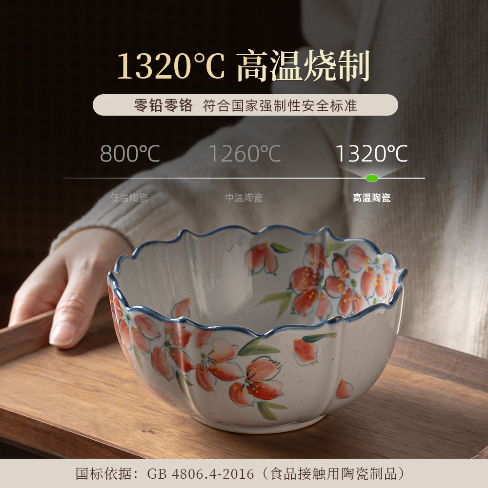 景德镇陶瓷手绘碗老陶泥仿古创意米饭碗沙拉碗釉下彩5.5寸莲花碗