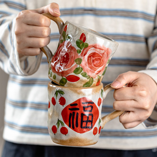 景德镇手绘釉下彩复古陶瓷马克杯咖啡杯高端水杯400ml把手手捏杯