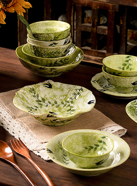 景德镇陶瓷绿色燕子饭碗陶瓷碗高温釉下彩可爱手作新款陶瓷盘子