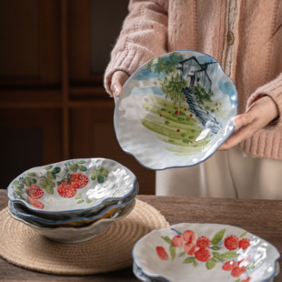 景德镇陶瓷菜盘高温釉下彩中式 家用深盘8.5寸手捏荷叶盘 手绘