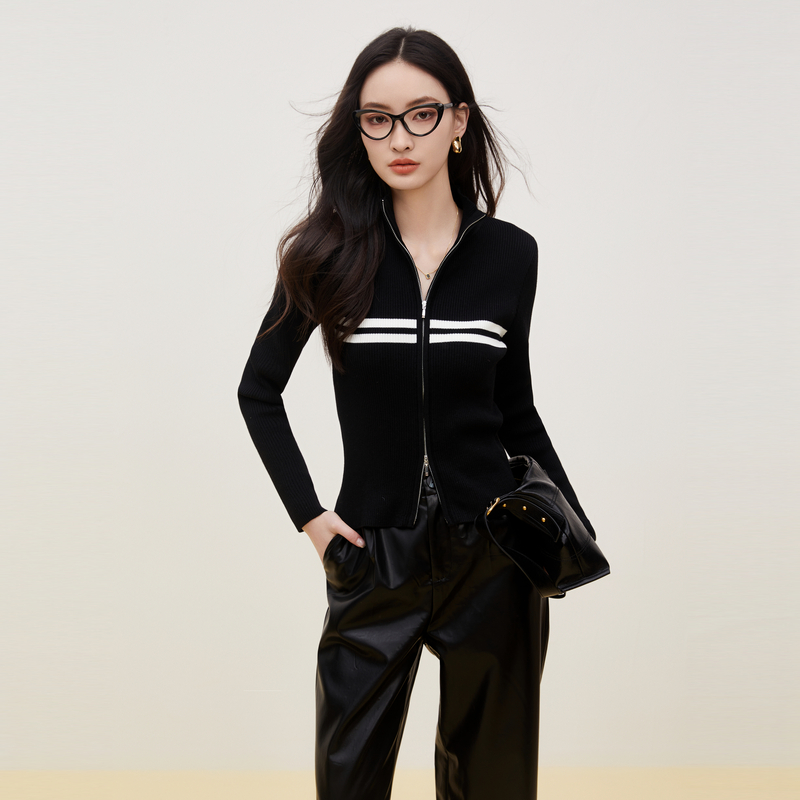 XG/雪歌条纹修身立领针织开衫