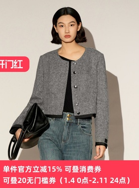XG/雪歌26春新款灰色呢子短外套圆领纽扣设计感上衣XL107012B284