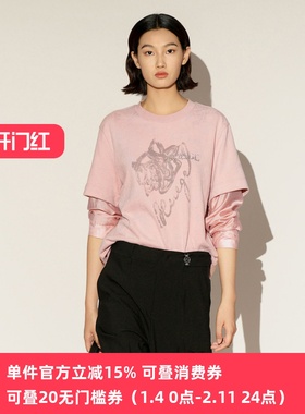 XG/雪歌26春新款慵懒风粉色圆领印花假两件长袖T恤女XL101006A316