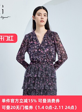 XG/雪歌V领碎花收腰长袖连衣裙24秋款优雅气质裙子女XJ304003B696