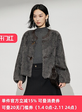 XG/雪歌25年冬季新款百搭圆领仿生皮毛一体女短外套XL407615A883