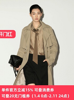 XG/雪歌26春款英伦风大翻领卡其色中长款风衣外套女XL108005A209