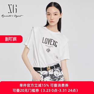 休闲上衣XJ201007A751 新款 xg雪歌印花白色T恤女短袖 圆领2024夏季