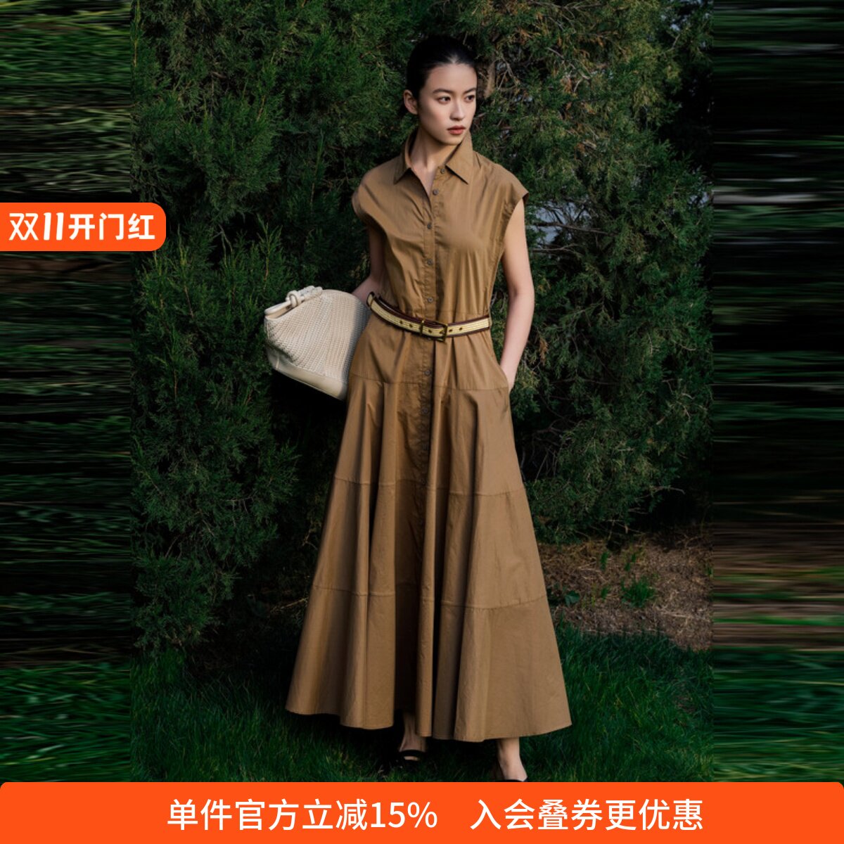 XG/雪歌优雅风衬衫领无袖连衣裙