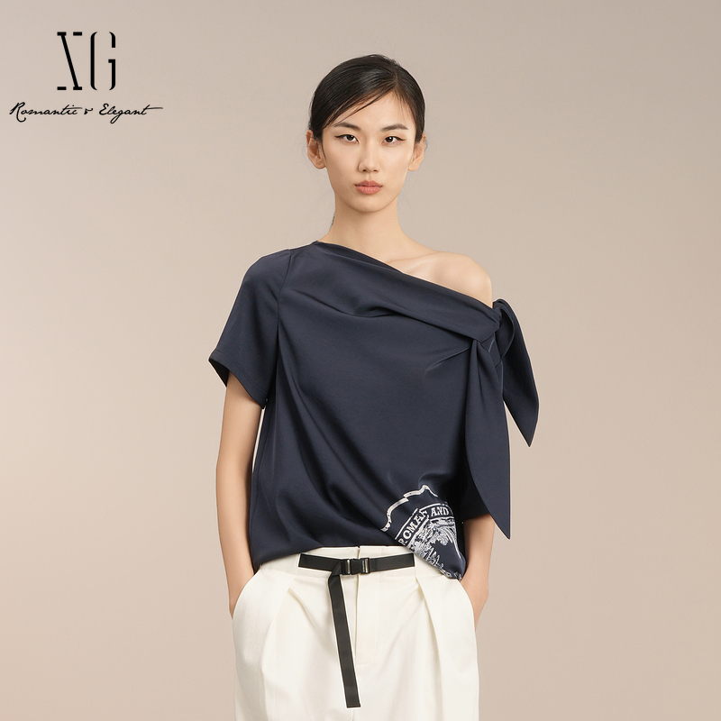 XG/雪歌一字领露肩短袖雪纺衫