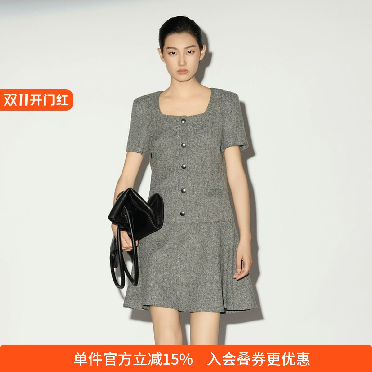 XG/雪歌淑女风方领短袖连衣裙