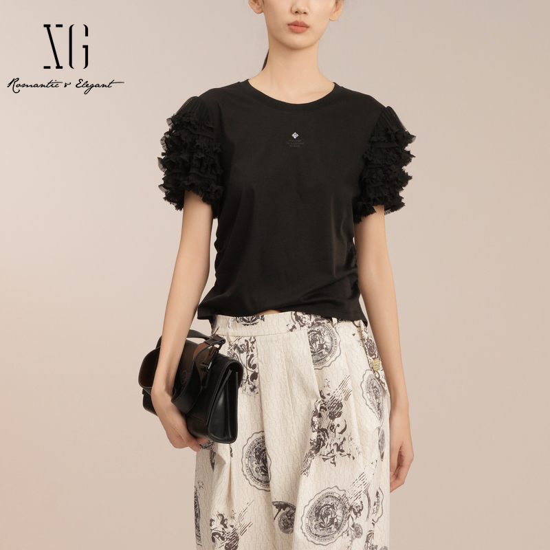 XG/雪歌百搭显瘦黑色短袖T恤女