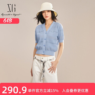 XG/雪歌V领短袖针织开衫女