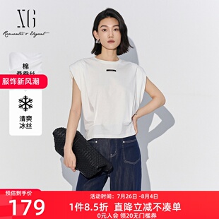 白色T恤女宽松显瘦上衣XL201837A851 雪歌25夏新款 百搭圆领无袖