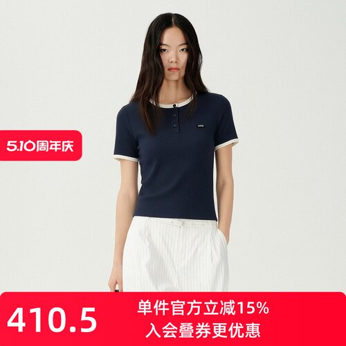 XG/雪歌圆领修身撞色短袖T恤女