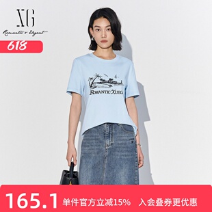 XG/雪歌25夏季新款百搭度假风印花圆领短袖T恤女上衣XL201554A820