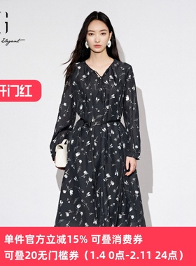 XG/雪歌2025年秋季新款V领系带收腰显瘦碎花连衣裙女XL304830A806