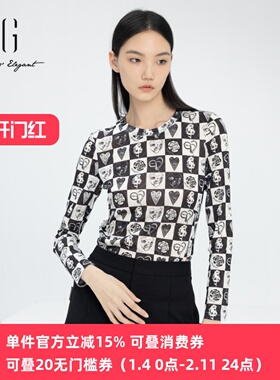 xg雪歌正品长袖T恤女圆领套头2024春新款休闲打底衫XJ101003B393