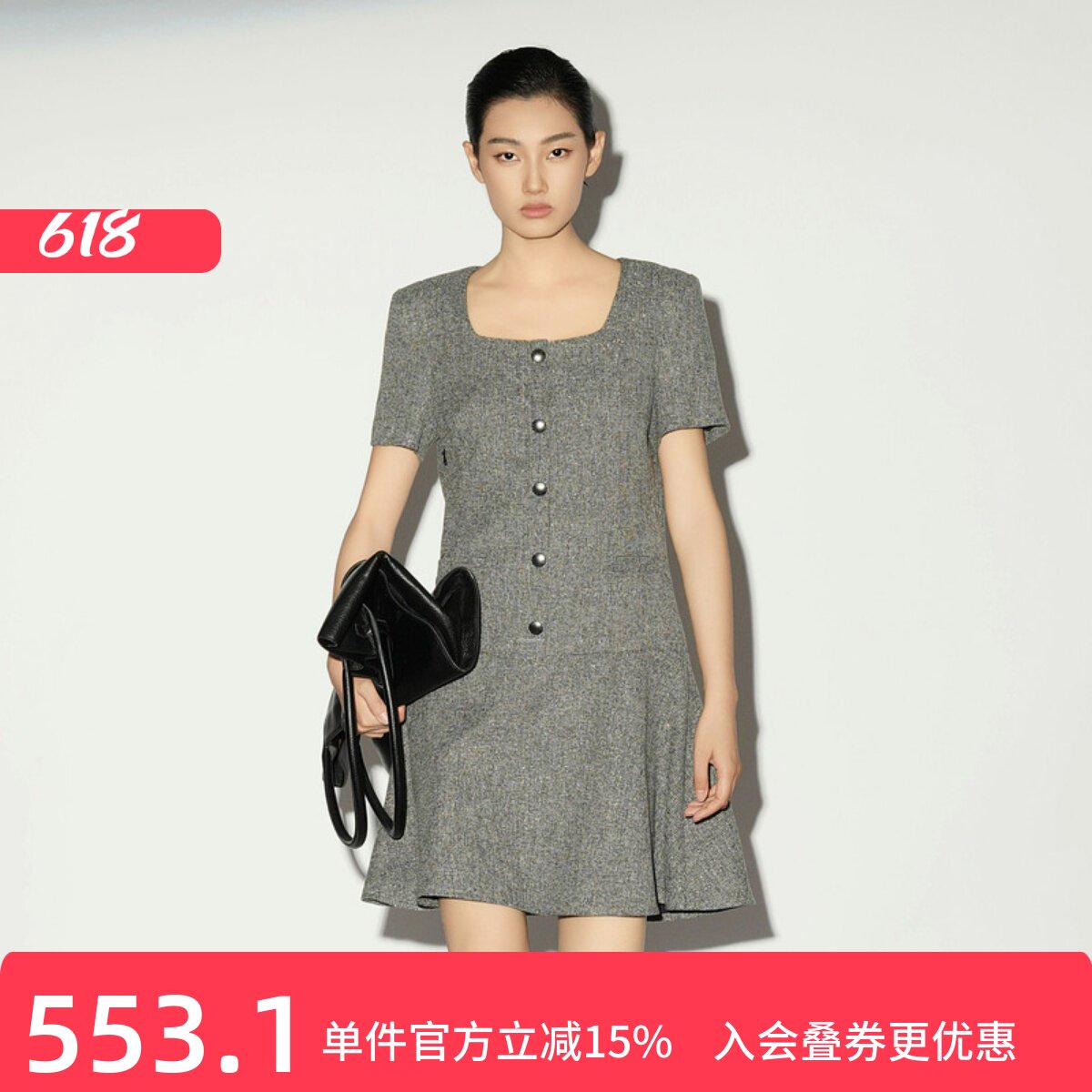 XG/雪歌淑女风方领短袖连衣裙
