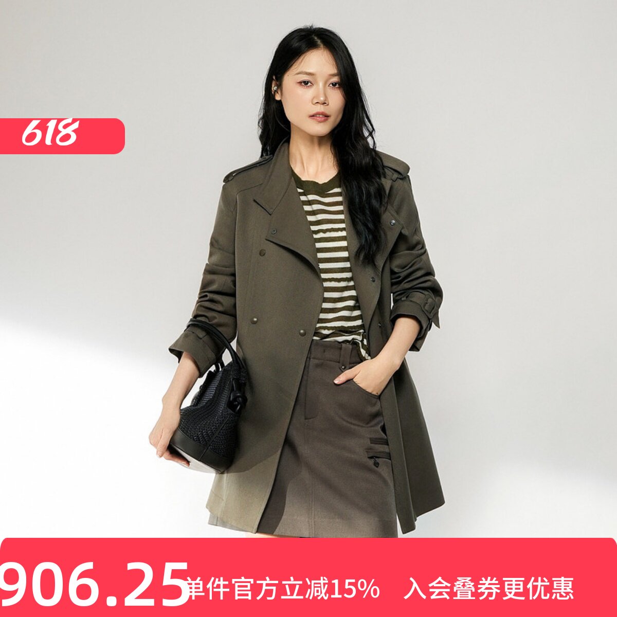 XG/雪歌英伦翻领双排扣风衣女