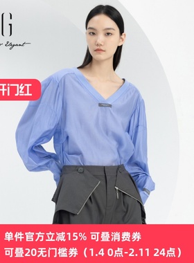 xg雪歌正品泡泡袖衬衫女v领2024春新款套头休闲上衣XJ121016A502