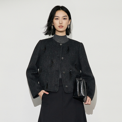 XG/雪歌单排扣圆领短款毛呢外套