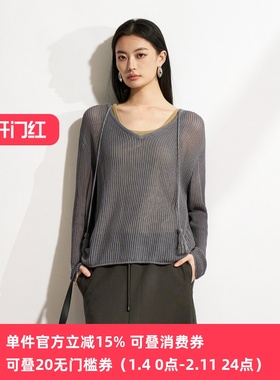 XG/雪歌26春慵懒风镂空V领针织衫女长袖宽松罩衫毛衣XL111018A484