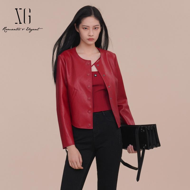 XG/雪歌专柜红色皮衣外套女
