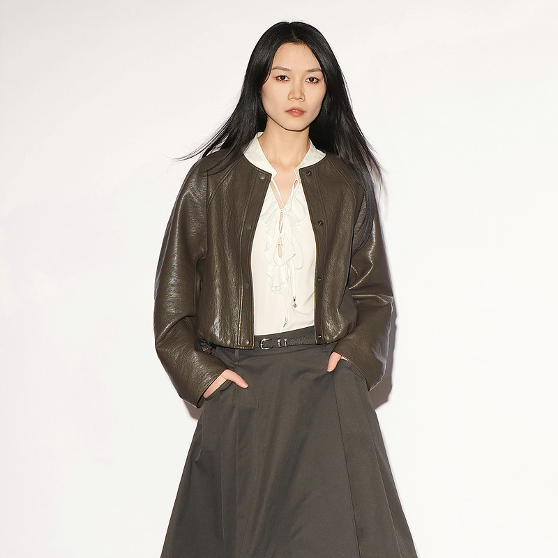 XG/雪歌短款皮衣女圆领宽松外套