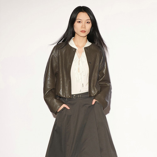 XG/雪歌短款皮衣女圆领宽松外套