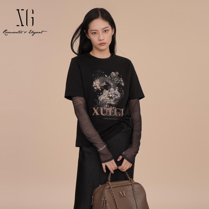 XG/雪歌纯棉百搭圆领印花T恤
