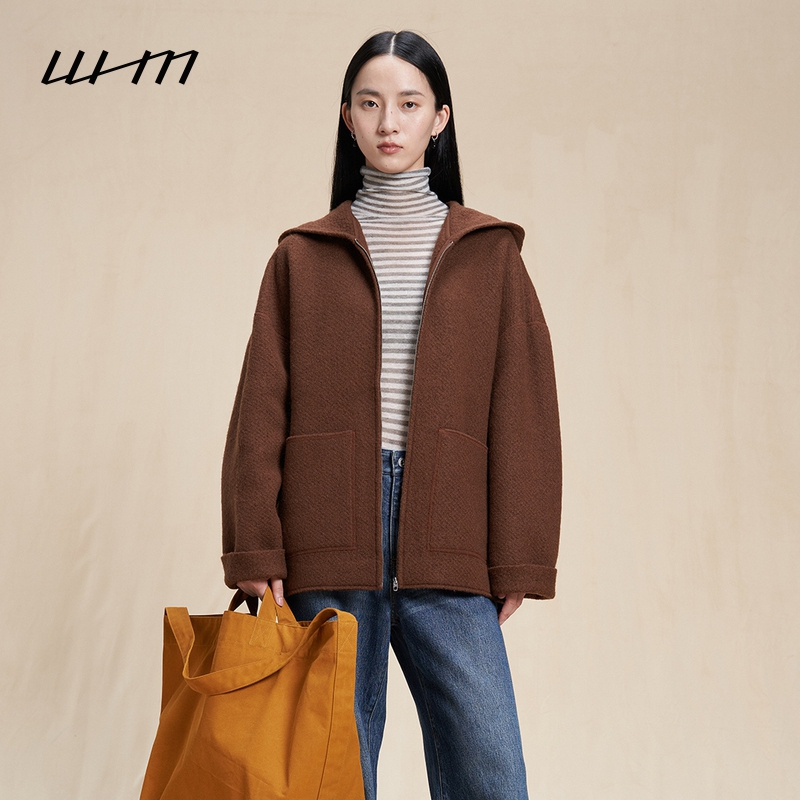 WHM绒感针织呢连帽外套