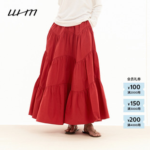 WHM 素然 26春女士简约红色微皱轻薄棉布波浪塔裙 新品