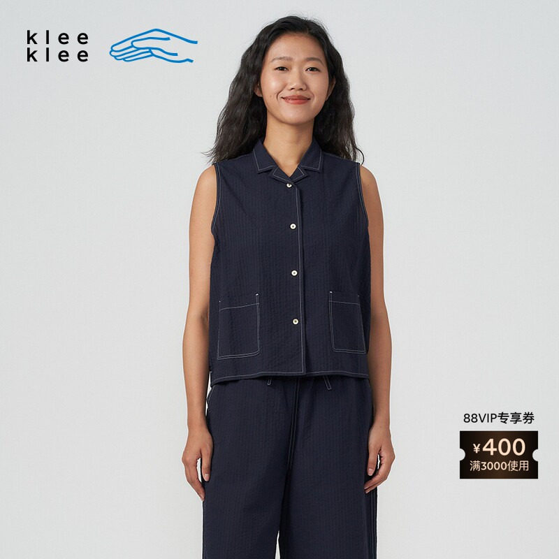素然klee klee 夏经典气质女士简约休闲蓝色泡泡纱马甲