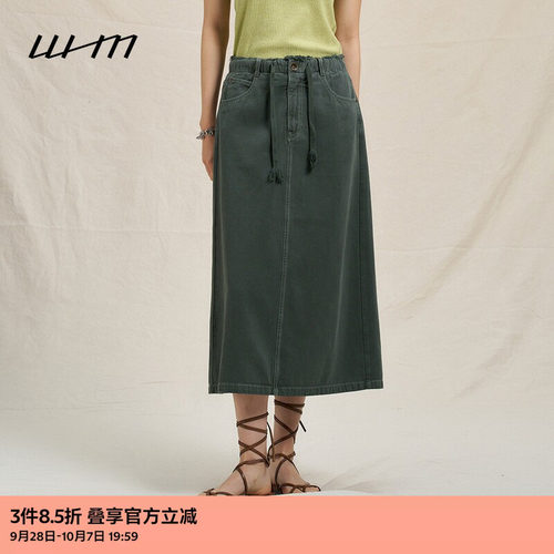 WHM气质成衣染平纹帆布抽绳半裙