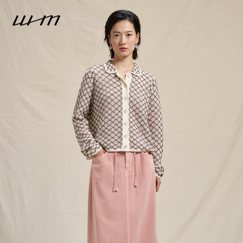 WHM气质复古网纹针织翻领开衫