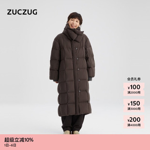 素然冬女士时髦阔系保暖鹅绒大方格翻领长羽绒 ZUCZUG