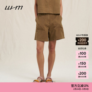 素然WHM 25夏女士淡人休闲水洗棉麻帆布后腰橡筋短裤