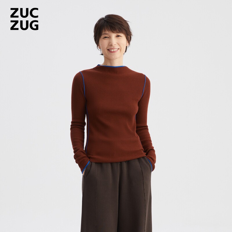 ZUCZUG撞色条羊毛内搭圆领套头衫