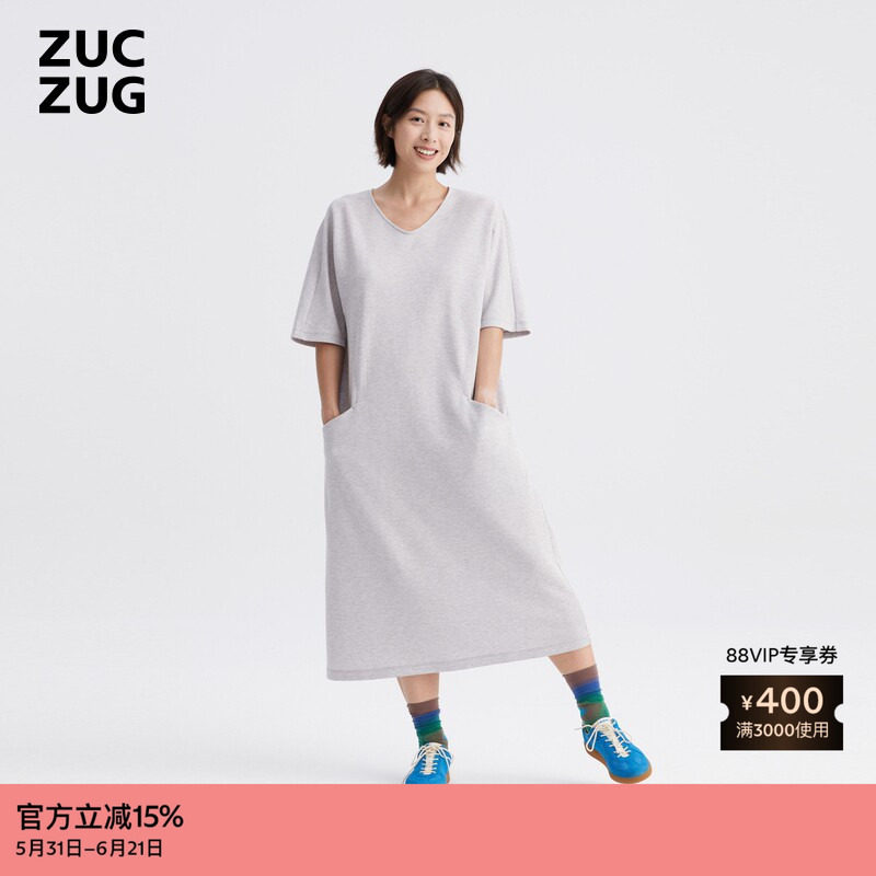 ZUCZUG 素然 秋女士轻薄休闲拼接布U型领连衣裙