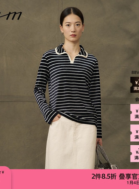 素然WHM 秋季女士休闲光泽丝绒针织布黑色条纹撞色上衣
