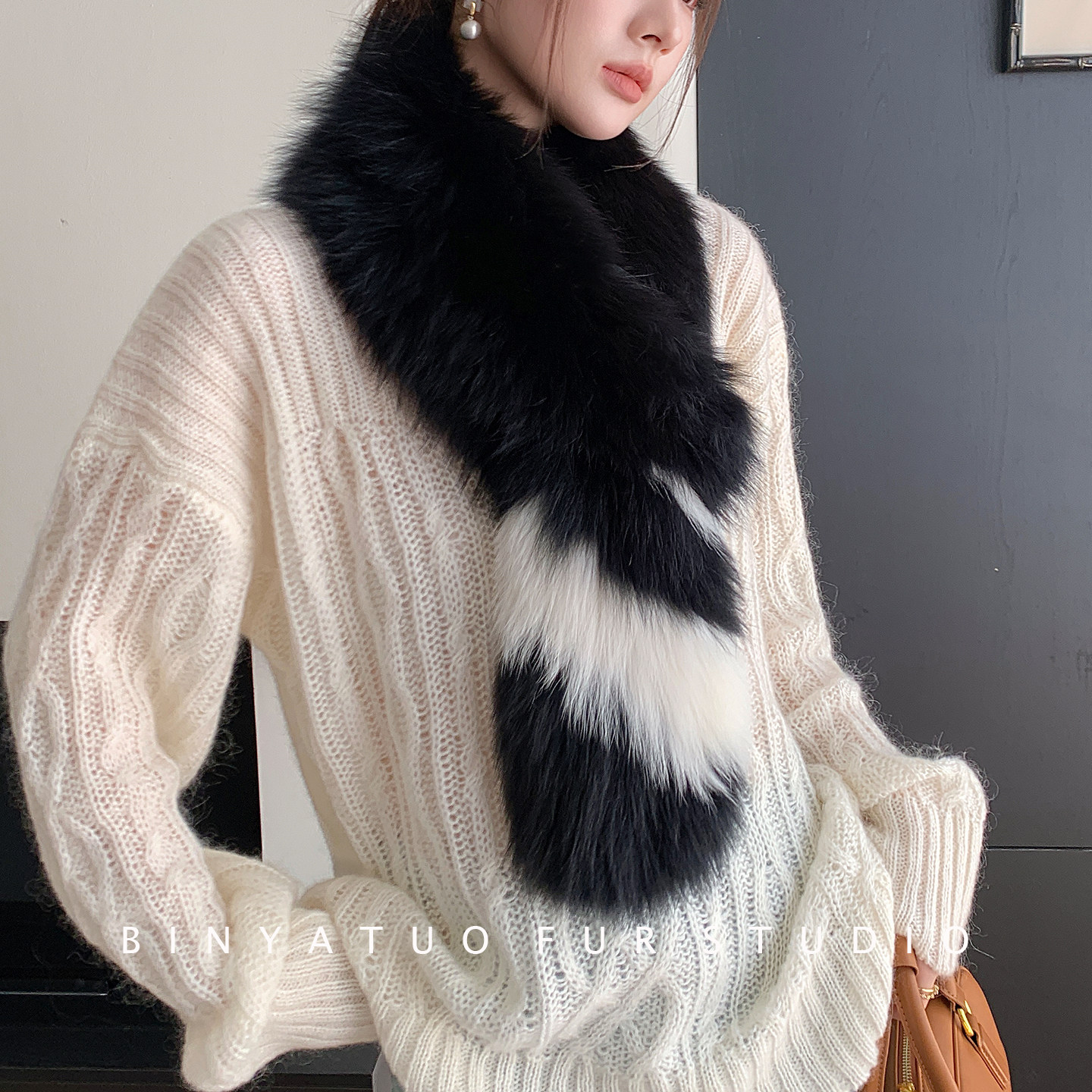 大气感黑白拼色皮草围巾双面狐狸毛编织长款气质百搭围脖女真毛