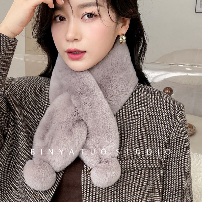 冬季皮草围巾女 獭兔毛真毛双面整皮加厚中长款韩版可爱球球围脖