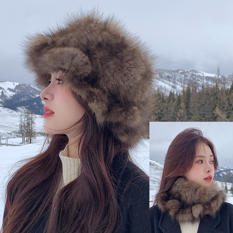 紫貂毛围巾帽子两用 真毛裘皮荷叶渔夫帽空顶帽大围脖皮草脖套